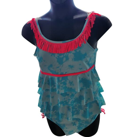 Justice Swimsuit Girl's 2 Piece 22 Plus NWOT Blue and Pink Fringe Drawstring - Picture 1 of 2